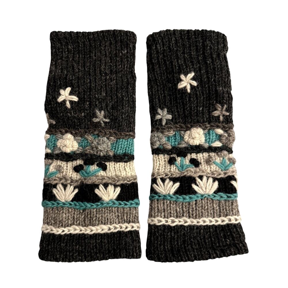 Vintage Nepal Hand Knit 100% Wool Fingerless Gloves Floral Boho Wrist Warmers